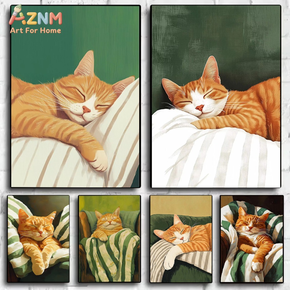 Home Decor Orange - Cozy Cat Whimsical Sleeping Cat Poster
